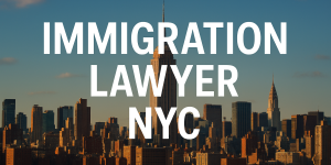 New York City skyline at dusk with bold text Immigration Lawyer NYC, representing Prizant Law — experienced immigration attorneys in New York.