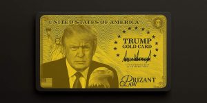 Trump Gold Card featuring Donald Trump, the Statue of Liberty, an eagle, and the Prizant Law logo in the bottom-right corner, representing investor immigration services for U.S. residency.