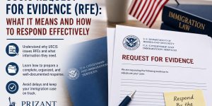 USCIS Request for Evidence (RFE) letter with immigration documents explaining what an RFE means, common reasons USCIS issues RFEs, and how to prepare a strong response.